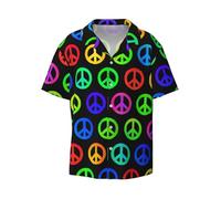 Vortithora Colorful Peace Pattern Uomo Manica Corta Colletto Cubano Button Down Camicia per Spiaggia, Vacanza, Nero , XL