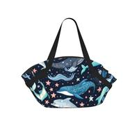 Vortithora Coperta da picnic rotonda pieghevole con delfini, balene e stelle che nuotano, tappetino portatile da campeggio con manici e tasche interne, coperta da spiaggia impermeabile per picnic