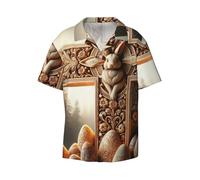 Vortithora Easter-Rabbit-Eggs-Cross - Camicia da uomo a maniche corte con colletto cubano e bottoni, per spiaggia, vacanze, Nero , L