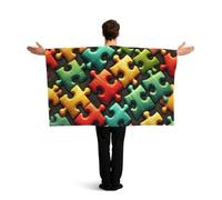 Vortithora Mantello con bandiera puzzle colorato per la consapevolezza dell'autismo con maniche per adulti, mantello indossabile in poliestere, mantello sportivo leggero per il giorno del gioco, feste