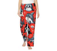 Vortithora Pantaloni del pigiama del pile degli squali del fumetto delle donne, comodi pantaloni di salotto della flanella con la vita elastica del cordone, Nero , XXL