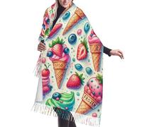 Vortithora Scialle invernale da donna con nappe, 190 x 68 cm, con motivo a coni di gelato colorato, con nappe, coperta accogliente stampata su un solo lato per la stagione fredda