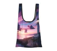 Vortithora Sunset-Lighthouse-Ocean-Sea Borsa per la spesa pieghevole riutilizzabile, borsa della spesa portatile per uso quotidiano
