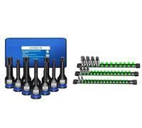 VORXEON Set di 10 Pezzi Bussole Professionali + 3Pezzi Supporti Organizzatori Verdi (43 Clip), Compatibili con Metriche/SAE per Garage e DIY