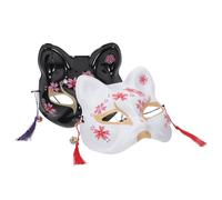 VOSAREA Maschera da Gatta Dipinta a Mano Bianca Nera Stagione di Halloween | Plastica Sottile, Occhi Sagomati per Visibilità, 2 Pezzi Campanelli e Nappine, per Scena e Foto