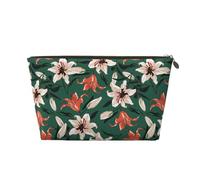 VOSERY Beauty case in pelle, trousse da viaggio per donne, fiori di giglio, borsa per il trucco verde, graziosa borsa per il trucco, borsa impermeabile per il trucco