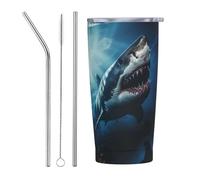 VOSERY Bicchiere 3D realistico a forma di squalo carino con coperchio e cannuccia, in acciaio inox, da 590 ml, tazza da caffè da viaggio personalizzata