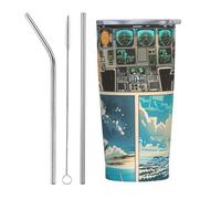 VOSERY Bicchiere carino con illustrazione della cabina di pilotaggio dell'aeroplano comico con coperchio e cannuccia, in acciaio inox da 590 ml, bottiglia d'acqua isolata da viaggio, tazza da caffè