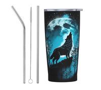 VOSERY Blue Full Moon Wolf - Bicchiere con coperchio e cannuccia, in acciaio inox, isolante, da 590 ml, tazza da caffè da viaggio personalizzata