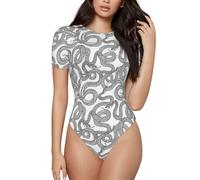 Vosery - Body da donna a maniche corte, con scollo rotondo, motivo a serpente carino e linee nere, nero/bianco, M