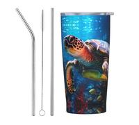 VOSERY Borraccia da 590 ml con coperchio e cannuccia, blu ghiaccio oceano tartaruga marina isolata in acciaio inox, tazza da caffè da viaggio personalizzata