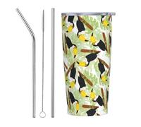 VOSERY Borraccia da 590 ml con coperchio e cannuccia, simpatico tucano Monstera su ramo isolato in acciaio inox, tazza da caffè da viaggio personalizzata