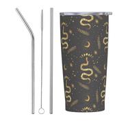 VOSERY Borraccia da 590 ml con coperchio e cannuccia, stile gotico divertente con serpente dorato e luna, in acciaio inox, tazza da caffè da viaggio personalizzata