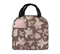 VOSERY Borsa per il pranzo, borsa termica per il pranzo, per donne e uomini adulti, motivo floreale marrone folk uccellino, borsa termica per il pranzo, a prova di perdite, riutilizzabile, grande