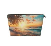 VOSERY Borsa per il trucco in pelle, borsa per cosmetici da viaggio da donna, borsa da toilette da donna, borsa per il trucco con scena tropicale al tramonto sulla spiaggia, borsa per il trucco carina
