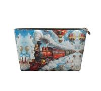 VOSERY Borsa per il trucco in pelle, borsa per cosmetici da viaggio da donna, borsa per trucco con mongolfiera rossa a forma di treno ad aria calda, borsa per il trucco carina, borsa per il trucco
