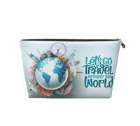 VOSERY Borsa per il trucco in pelle, trousse da viaggio per donne, Let's go Travel Around the World Makeup Bag Organizer, carino sacchetto per il trucco, borsa impermeabile per il trucco