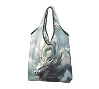 VOSERY Borsa per la spesa riutilizzabile con drago bianco nuvola borse per la spesa borsa di totalizzatore pieghevole con manici, nero, 2 PCS