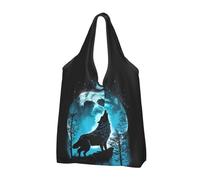 VOSERY Borsa per la spesa riutilizzabile con manici, motivo: lupo di luna piena, pieghevole, blu, nero, 1 pezzo