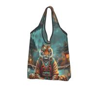 VOSERY Borsa per la spesa riutilizzabile con tigre meditante per stagno e spesa, pieghevole, con manici, Nero, 2 PCS