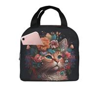 VOSERY Borsa termica per il pranzo, per donne e uomini, con corona di fiori, gatto, borsa termica, a prova di perdite, riutilizzabile, grande capacità, per lavoro, ufficio, picnic, viaggi