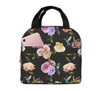 VOSERY Borsa termica per il pranzo per donne e uomini, con garofano e colibrì, borsa termica nera, a prova di perdite, riutilizzabile, grande capacità, per lavoro, ufficio, picnic, viaggi