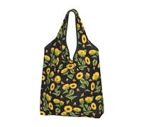VOSERY Borse della spesa riutilizzabili delle borse della spesa delle api e dei girasoli per la spesa borsa di totalizzatore pieghevole con le maniglie, Nero, 3 PCS