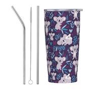 VOSERY Bottiglia d'acqua da 590 ml con coperchio e cannuccia, blu viola rami grigi koala tazza isolata in acciaio inox, tazza da caffè da viaggio personalizzata