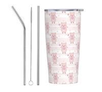 VOSERY Bottiglia d'acqua da 590 ml con coperchio e cannuccia, cartone animato amore carino maiale isolato tazze in acciaio inox, tazza da caffè da viaggio personalizzata