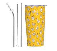 VOSERY Bottiglia d'acqua da 590 ml con coperchio e cannuccia, divertente carino pollo giallo isolato bicchiere in acciaio inox, tazza da caffè da viaggio personalizzata