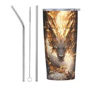 VOSERY Bottiglia d'acqua da 590 ml con coperchio e cannuccia, drago bianco corno dorato in acciaio inox, tazza da caffè da viaggio personalizzata