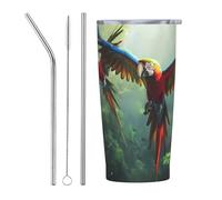 VOSERY Bottiglia d'acqua da 590 ml con coperchio e cannuccia, pappagalli volanti nella giungla, bicchiere isolato in acciaio inox, tazza da caffè da viaggio personalizzata