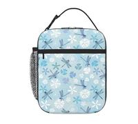 VOSERY Contenitore per il pranzo per uomini e donne, borsa per il pranzo da uomo, elegante borsa termica per il pranzo, motivo libellula, fiore azzurro, piccola scatola per il pranzo per donne