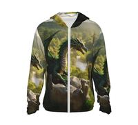 VOSERY Deep Forest Stone Green Dragon Protezione solare Zip Up Felpa con cappuccio leggera a maniche lunghe per donne uomini, nero, X-Large