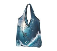 VOSERY Ice Blue Ocean Cute Dolphin Una borsa riutilizzabile per la spesa per la spesa pieghevole con manici, nero, 1 PC