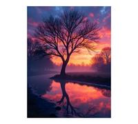 VOSERY Kit per pittura con diamanti 5D fai da te con albero che riflette il tramonto e il fiume nebbioso per adulti, per la decorazione della parete della casa, kit per pittura con diamanti senza
