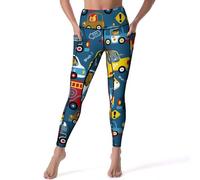 VOSERY Leggings a vita alta da donna, leggings da yoga morbidi con tasche per allenamento con veicoli in stile cartone animato, nero, L