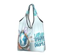 VOSERY Let's Go Travel Around The World Borse della spesa riutilizzabili Borse della spesa per la spesa Borsa pieghevole con manici, Nero, 1 PC