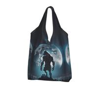 VOSERY Moon Wolf Warrior - Borsa per la spesa, riutilizzabile, pieghevole, con manici, Nero, 2 PCS