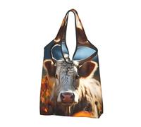 VOSERY Mucca di girasole nel campo di fiori Borse della spesa riutilizzabili Borse della spesa per la spesa Borsa di totalizzatore pieghevole con manici, nero, 2 PCS