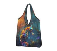VOSERY Neon Seahorse Underwater Realm Sacchetti della spesa riutilizzabili Borse della spesa per la spesa Pieghevole Tote Bag con manici, nero, 3 PCS