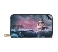 VOSERY Portafoglio da donna, portafoglio in pelle bifold multi card, barca faro tempesta onde portafogli da donna, borsa lunga