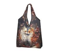 VOSERY Romantico fiore Fox coppia borse della spesa riutilizzabili borse della spesa per la spesa pieghevole Tote Bag con manici, nero, 3 PCS