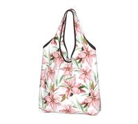 VOSERY Sacchetti della spesa riutilizzabili con fiori di gigli rosa per la spesa borsa di totalizzatore pieghevole con manici, nero, 1 PC