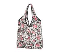 VOSERY Sacchetti della spesa riutilizzabili con leopardo rosa carino per la spesa borsa di totalizzatore pieghevole con manici, nero, 2 PCS