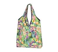VOSERY Sacchetti della spesa riutilizzabili del cactus della fioritura dell'acquerello per la spesa borsa di totalizzatore pieghevole con manici, Nero, 1 PC