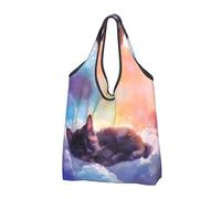 VOSERY Sacchetti della spesa riutilizzabili del gatto che dorme della nuvola variopinta per la spesa borsa di totalizzatore pieghevole con le maniglie, nero, 3 PCS