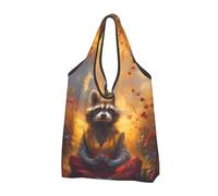 VOSERY Sacchetti della spesa riutilizzabili del procione meditante del fiore del tramonto borse della spesa per la spesa borsa di totalizzatore pieghevole con manici, Nero, 3 PCS