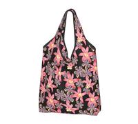 VOSERY Sacchetti della spesa riutilizzabili viola rosa gigli fiori borse della spesa per generi alimentari borsa di totalizzatore pieghevole con manici, Nero, 1 PC