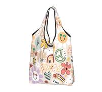 VOSERY Sacchetti per la spesa riutilizzabili con simbolo della pace arcobaleno con fiori per la spesa borsa di totalizzatore pieghevole con manici, Nero, 3 PCS